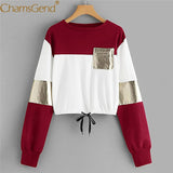 Newly Design Women Girls Blocking Cropped Top Draw-String Long Sleeve