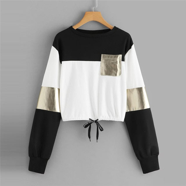 Newly Design Women Girls Blocking Cropped Top Draw-String Long Sleeve