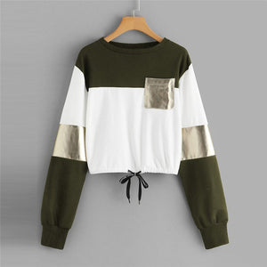 Newly Design Women Girls Blocking Cropped Top Draw-String Long Sleeve