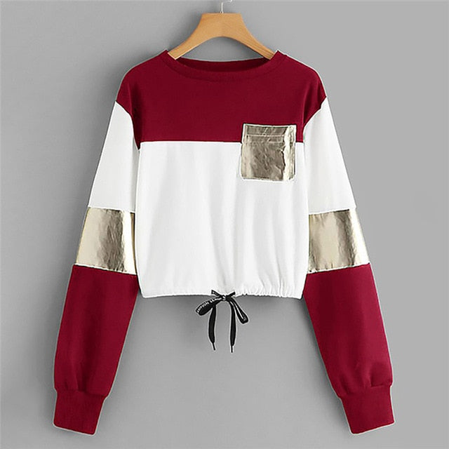 Newly Design Women Girls Blocking Cropped Top Draw-String Long Sleeve