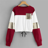 Newly Design Women Girls Blocking Cropped Top Draw-String Long Sleeve