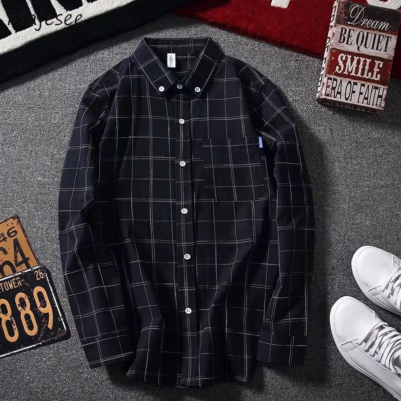 Shirts Men Plaid Long Sleeved Simple All-fmatch Korean Style Trendy
