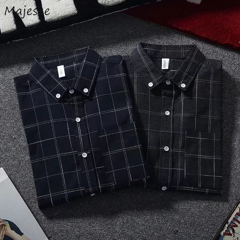 Shirts Men Plaid Long Sleeved Simple All-fmatch Korean Style Trendy