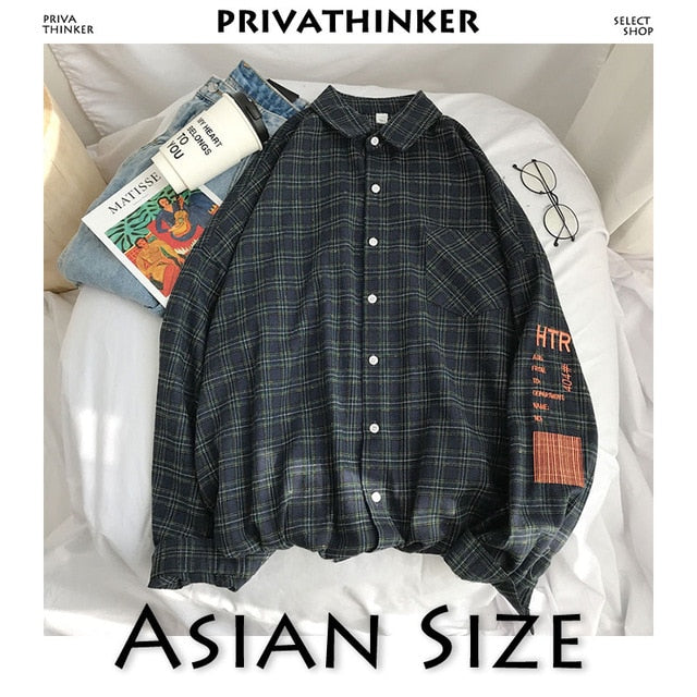 Privathinker Men Embroidery Plaid Shirts Designer Mens Harajuku Korean Fashion Shirt Male