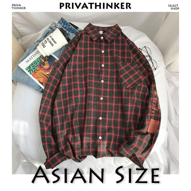 Privathinker Men Embroidery Plaid Shirts Designer Mens Harajuku Korean Fashion Shirt Male