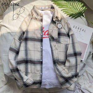 Shirts Men Turn-down Collar Plaid Pockets Leisure Simple