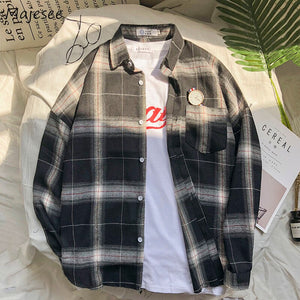 Shirts Men Turn-down Collar Plaid Pockets Leisure Simple