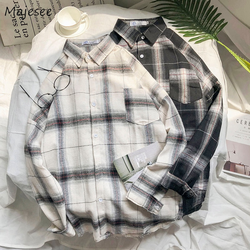 Shirts Men Turn-down Collar Plaid Pockets Leisure Simple