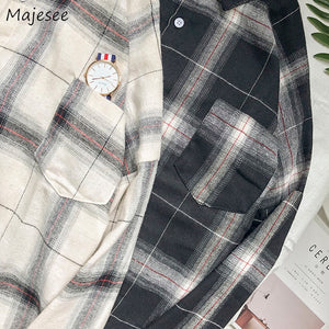 Shirts Men Turn-down Collar Plaid Pockets Leisure Simple