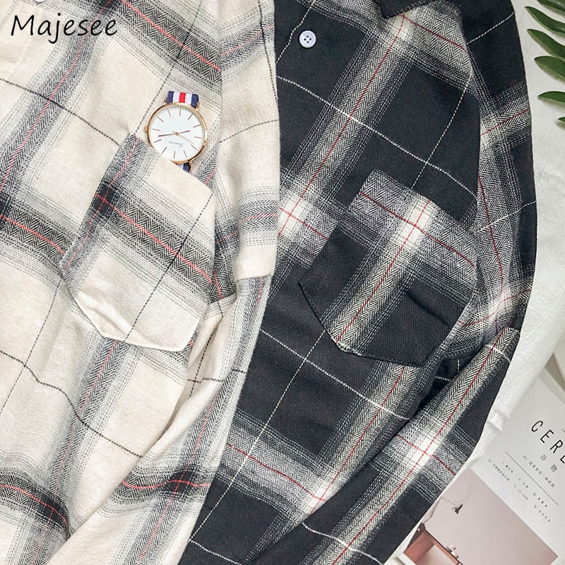 Shirts Men Turn-down Collar Plaid Pockets Leisure Simple