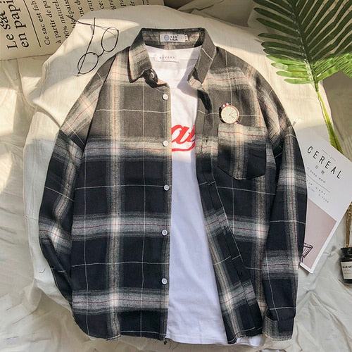 Shirts Men Turn-down Collar Plaid Pockets Leisure Simple
