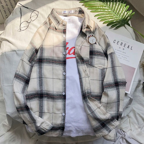 Shirts Men Turn-down Collar Plaid Pockets Leisure Simple
