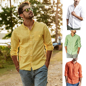 Men Summer Button Linen Cotton Long Sleeve  camisa masculina