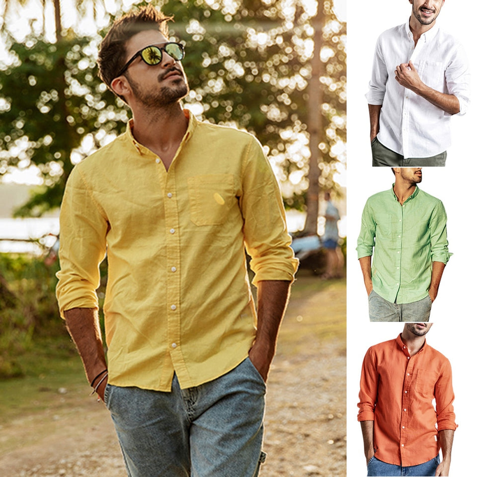 Men Summer Button Linen Cotton Long Sleeve  camisa masculina