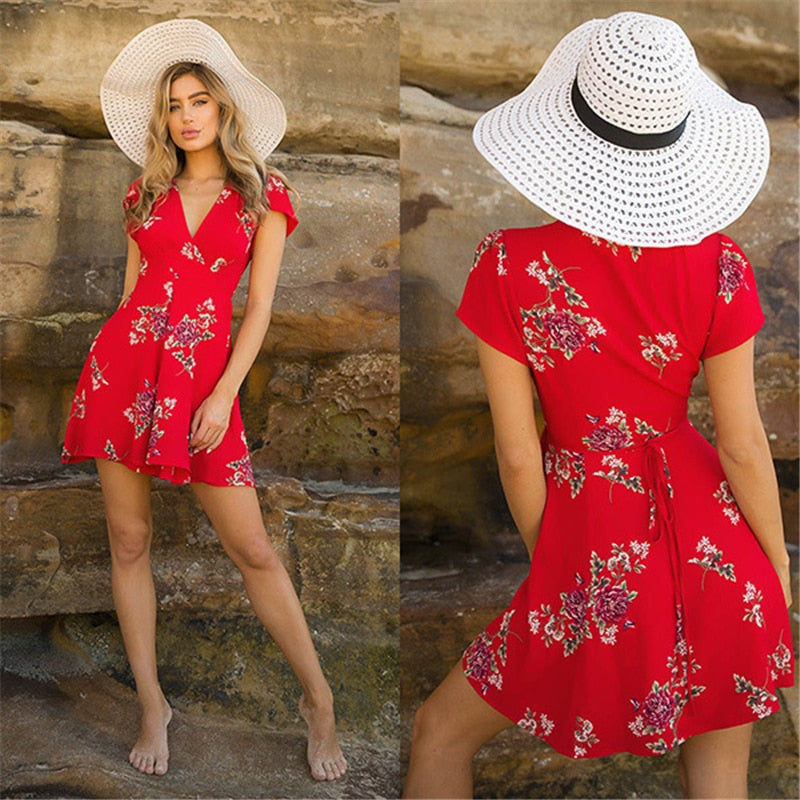 Womens Boho Beach Summer sundress Casual Party Cocktail Short Sleeve Floral Dress