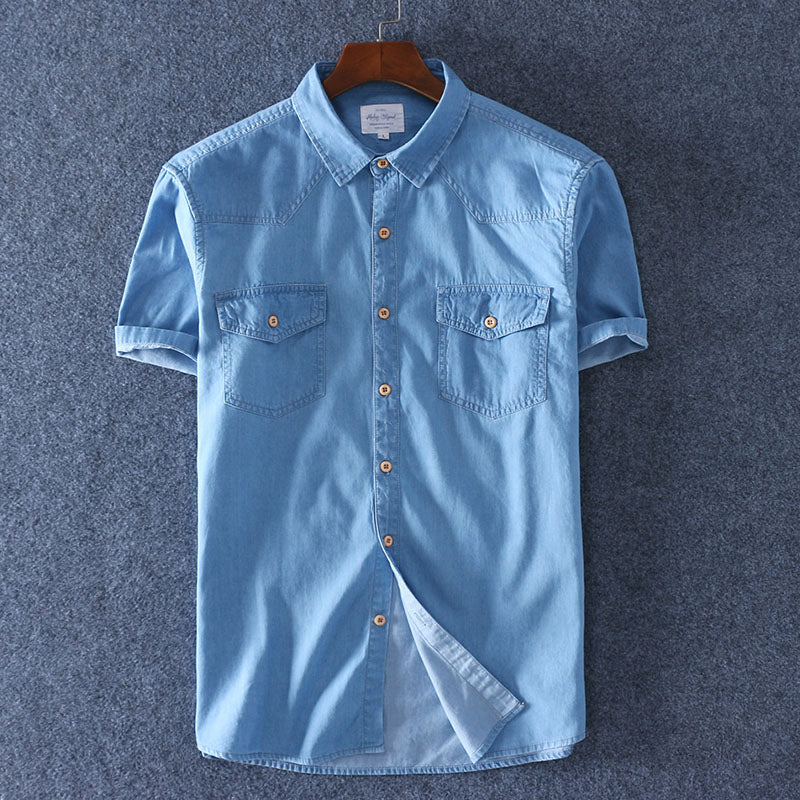 2019 Summer 100% Cotton Men Short Sleeve Denim thin Shirt