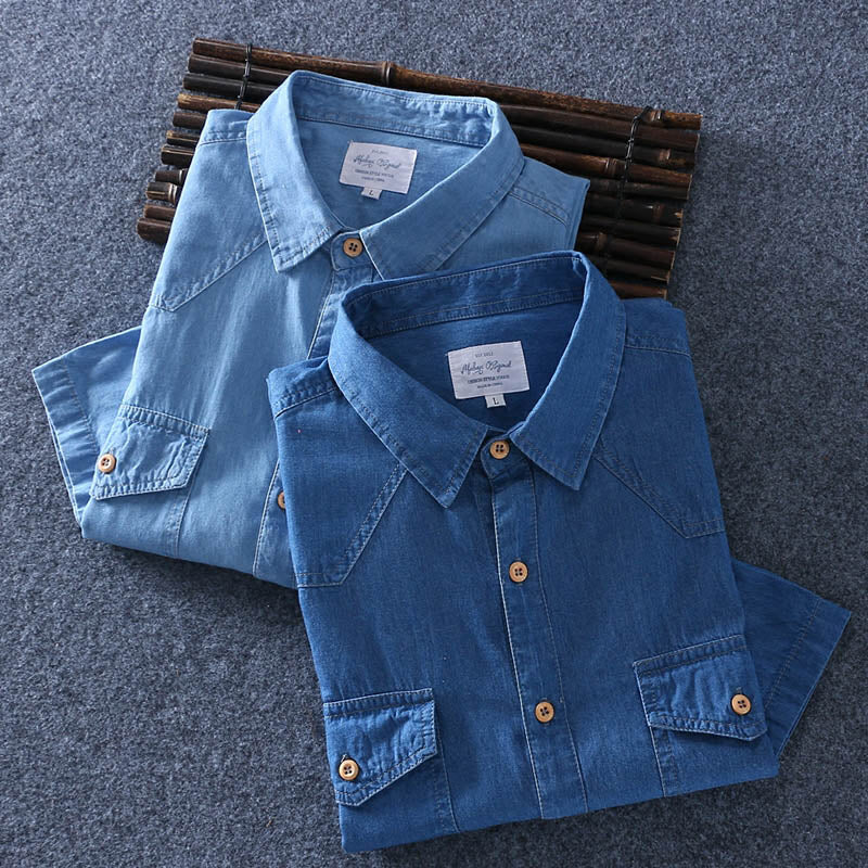 2019 Summer 100% Cotton Men Short Sleeve Denim thin Shirt