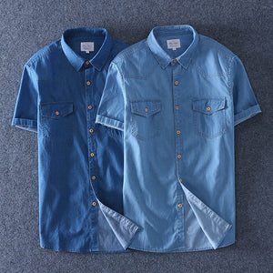 2019 Summer 100% Cotton Men Short Sleeve Denim thin Shirt