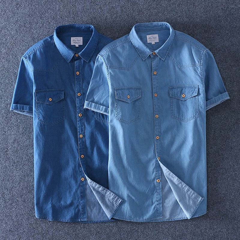 2019 Summer 100% Cotton Men Short Sleeve Denim thin Shirt