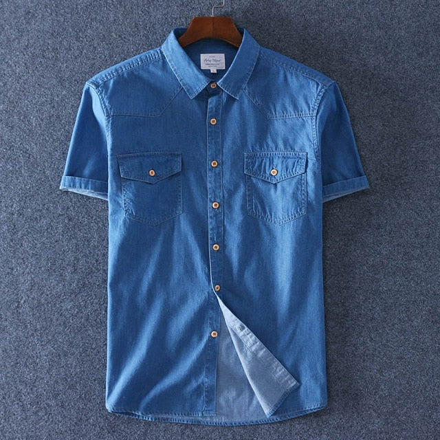 2019 Summer 100% Cotton Men Short Sleeve Denim thin Shirt