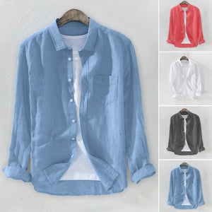 Men's Baggy Solid Cotton Linen Long Sleeve Button Pocket Shirts