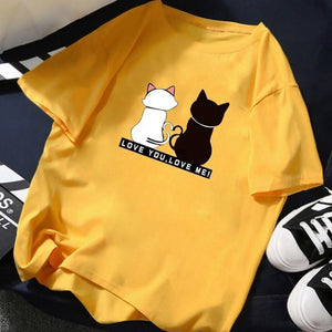 Summer Tops for Women 2019 Cartoon Cat Print Loose White T shirt
