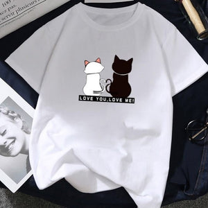 Summer Tops for Women 2019 Cartoon Cat Print Loose White T shirt