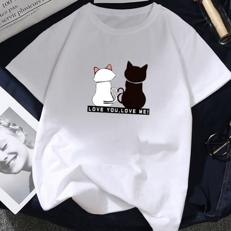 Summer Tops for Women 2019 Cartoon Cat Print Loose White T shirt