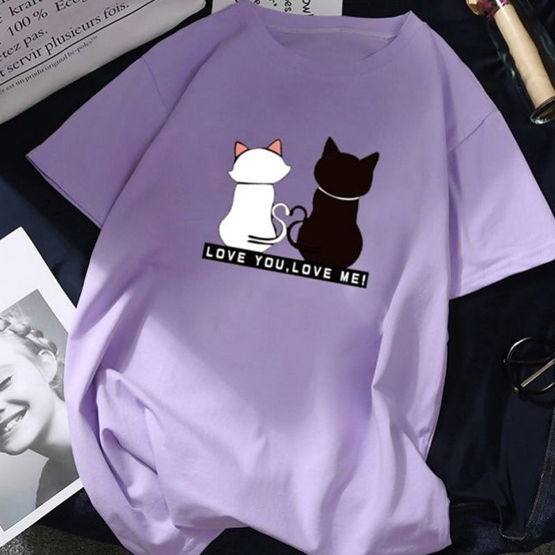 Summer Tops for Women 2019 Cartoon Cat Print Loose White T shirt