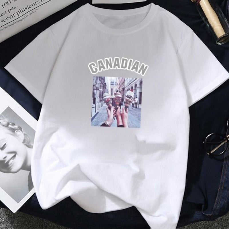 Summer Tops for Women 2019 Cartoon Cat Print Loose White T shirt