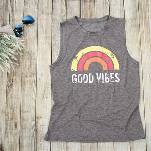 Plus Size Summer Tank Tops Women Good Vibes Print Gray O-Neck Tank