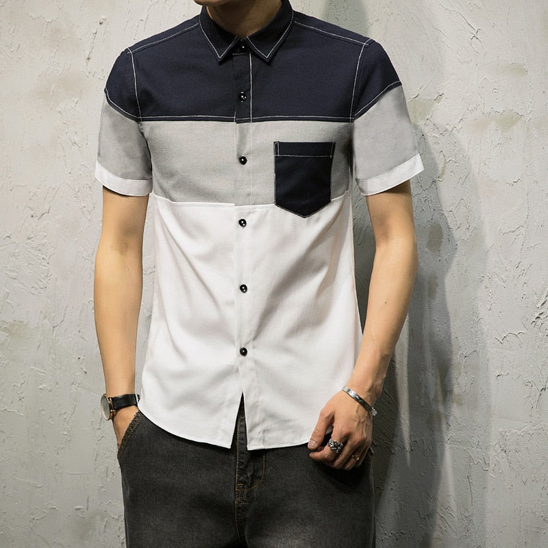 New Summer Casual Shirt Men Fashion Patchwork Color Men Shirt