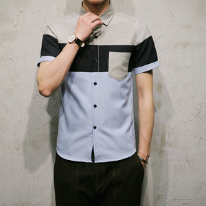 New Summer Casual Shirt Men Fashion Patchwork Color Men Shirt