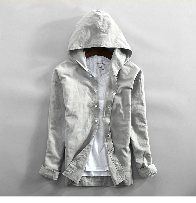 Mens Cotton Linen Hooded Shirts Long Sleeve Men High Quality Summer