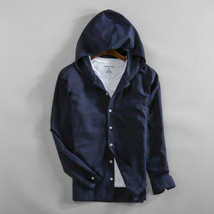 Mens Cotton Linen Hooded Shirts Long Sleeve Men High Quality Summer