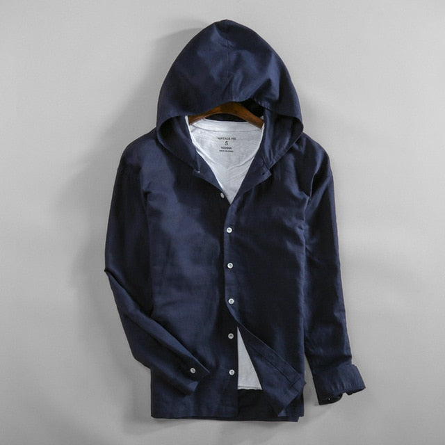 Mens Cotton Linen Hooded Shirts Long Sleeve Men High Quality Summer