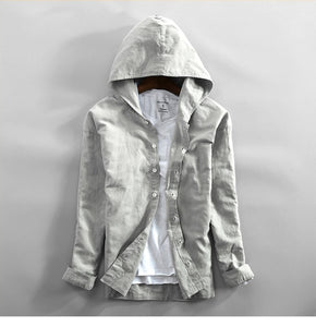 Mens Cotton Linen Hooded Shirts Long Sleeve Men High Quality Summer