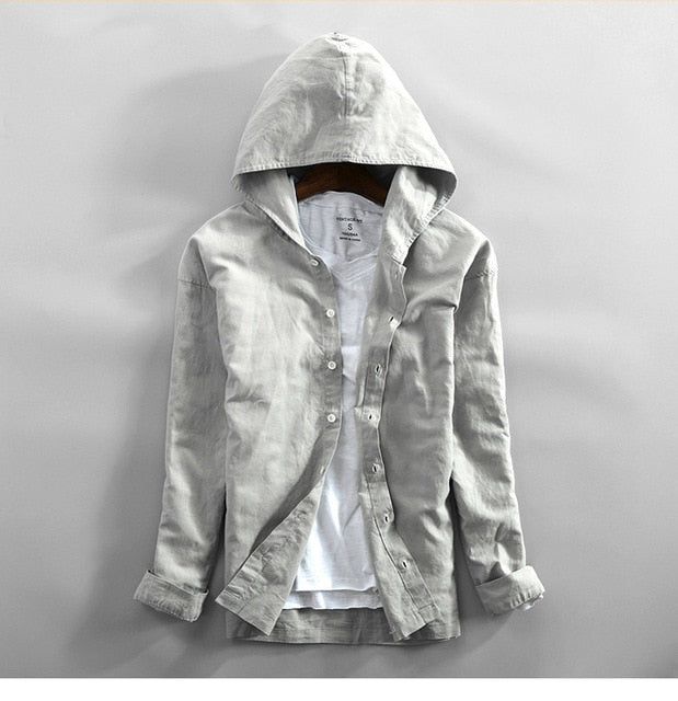 Mens Cotton Linen Hooded Shirts Long Sleeve Men High Quality Summer