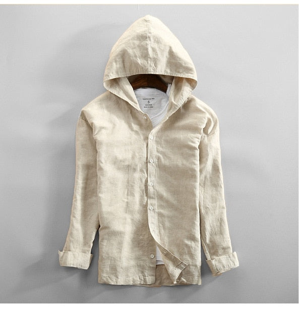 Mens Cotton Linen Hooded Shirts Long Sleeve Men High Quality Summer