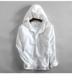 Mens Cotton Linen Hooded Shirts Long Sleeve Men High Quality Summer